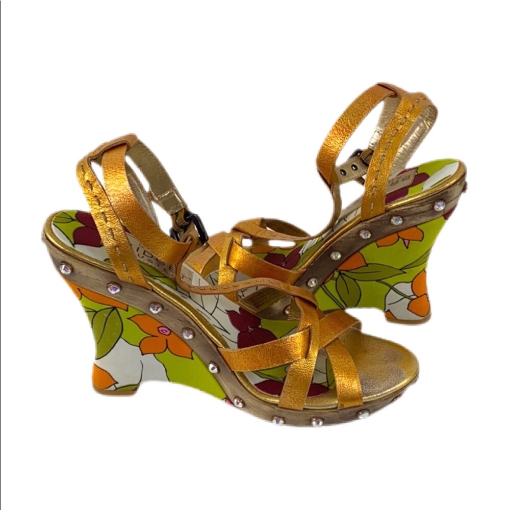 Bridget Shuster Floral Print Stud Wood Wedges